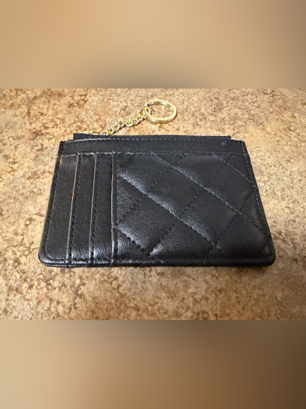Quilted Black Leather Card Holder with Gold Key Ring